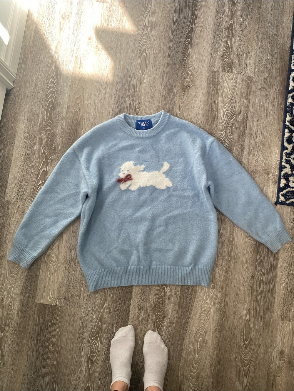 Oversized Blue Bunny Motif Crewneck Sweater